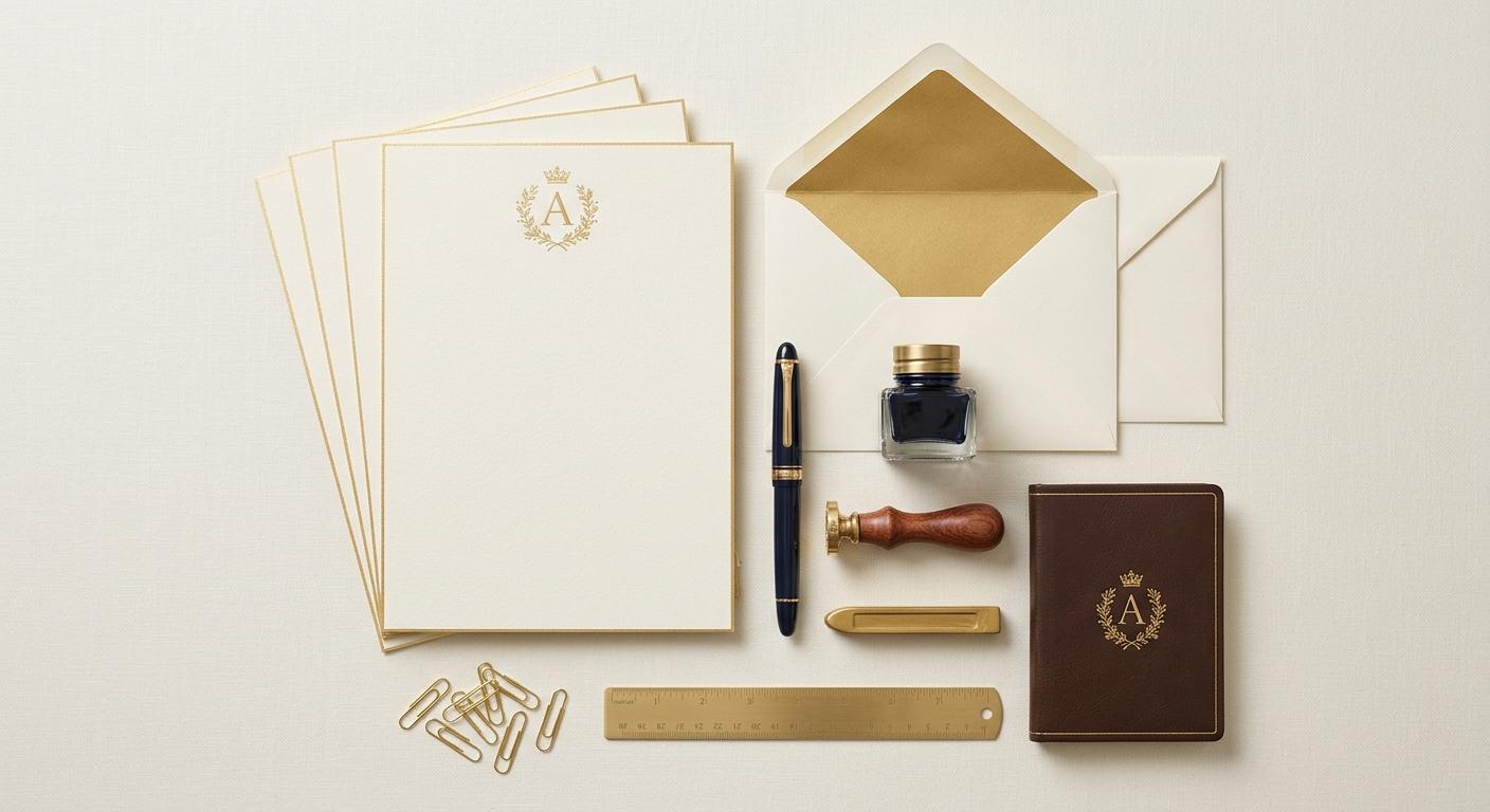 Elegant stationery, envelopes, fountain pen and notebook